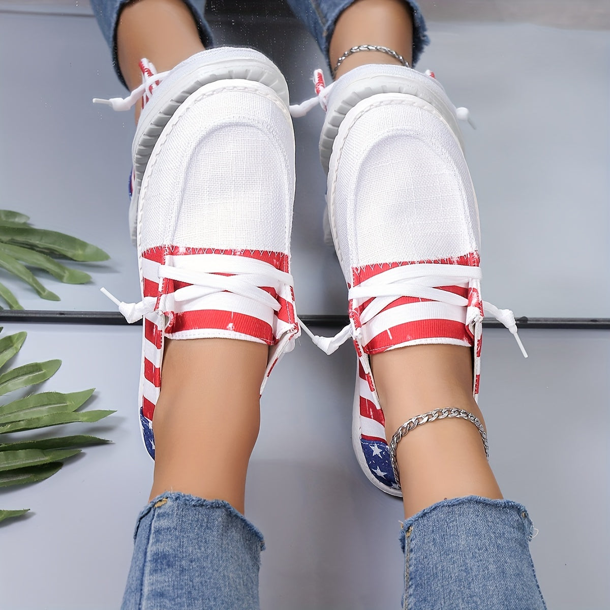 Flag Pattern Canvas Shoes, Lace Up Low Top Flat Sneakers